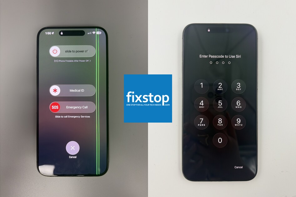 iPhone 15 Pro Max Cracked Screen with Green Line Near UCF