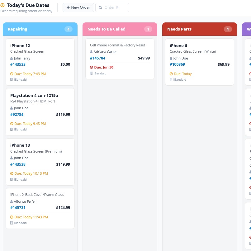FixStop POS order tracking kanban board