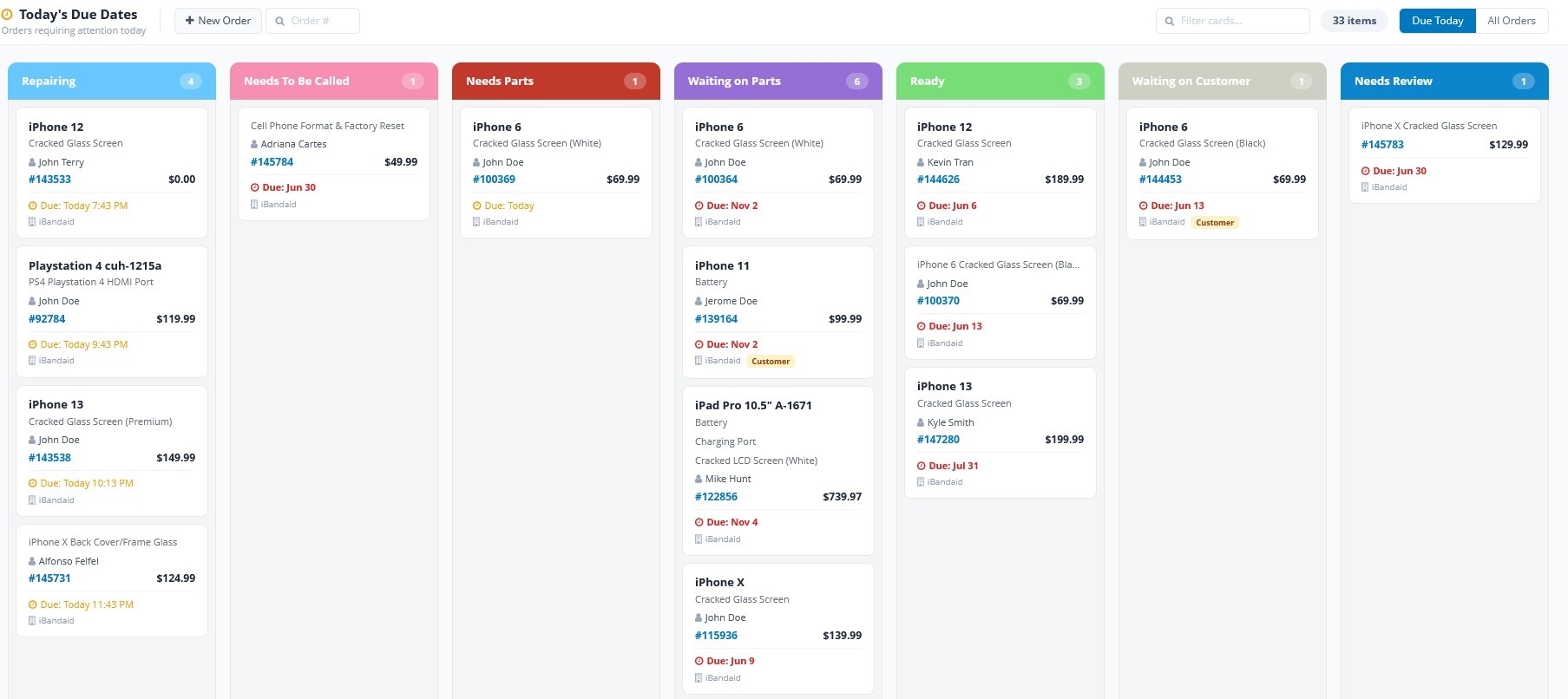 FixStop POS order tracking kanban board with repair status columns