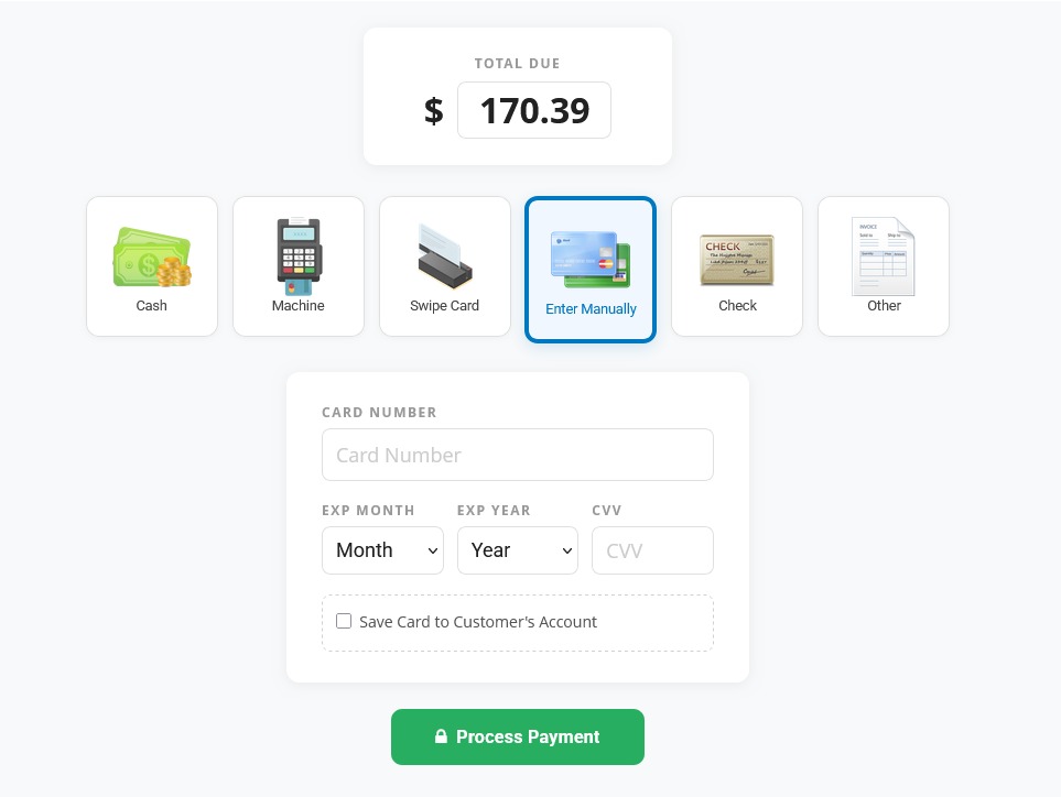 FixStop POS payment processing screen