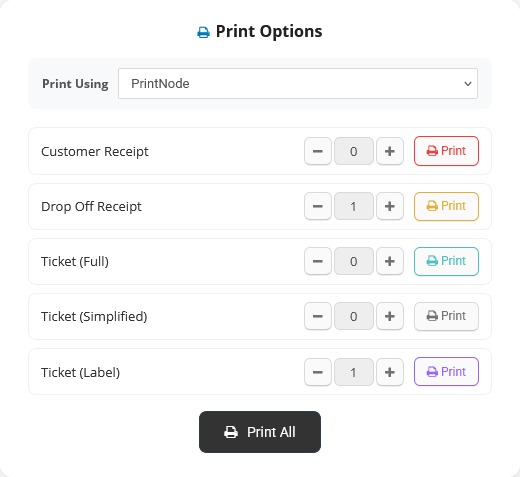 FixStop POS print options with customer receipt, drop off receipt, ticket, and label printing