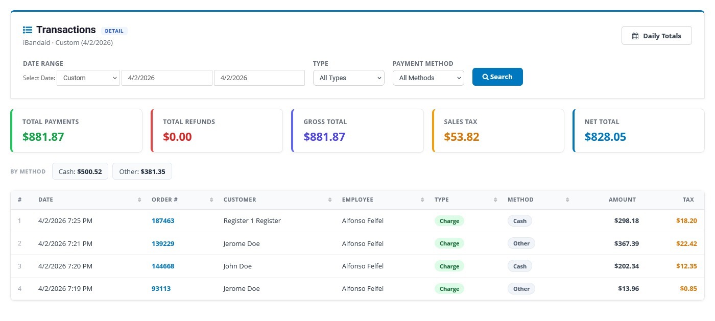 FixStop POS transaction report with sales data